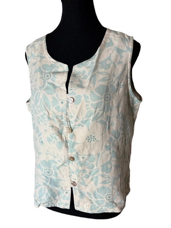 Pineapple Moon Tops - PINEAPPLE MOON Silk Button Down Top Sleeveless Tank Vest Cream Seafoam Large